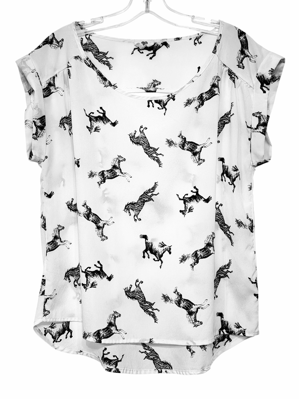 One Clothing Horse Print Blouse White Black Open Back Scoop Neck High Low Hem